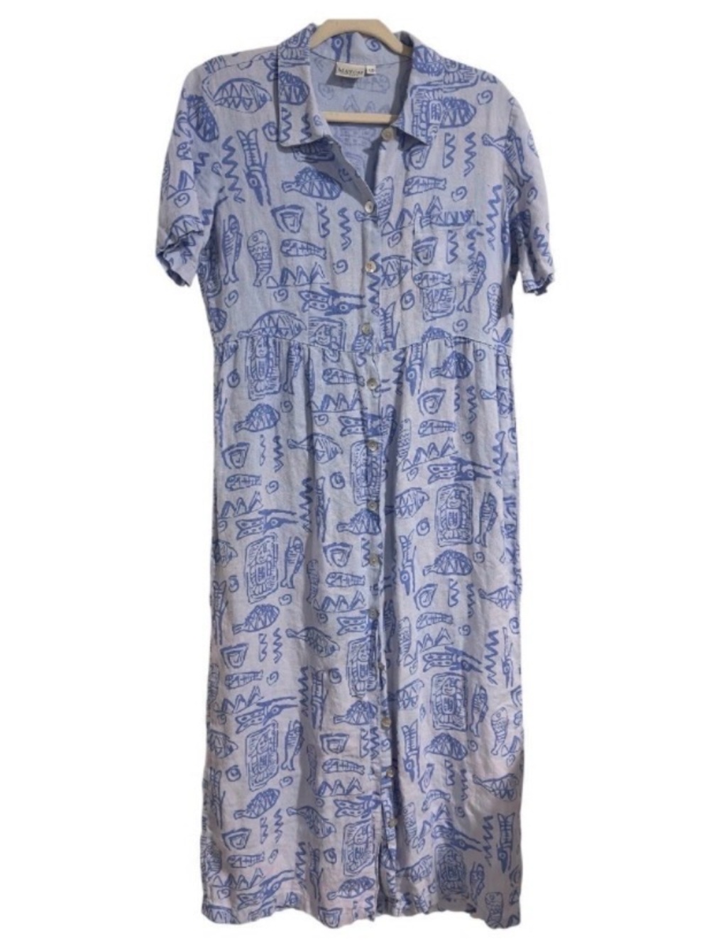 Match Vintage 100% Linen Fish Print Maxi Shirt Dress Blue Short Sleeve Size 10